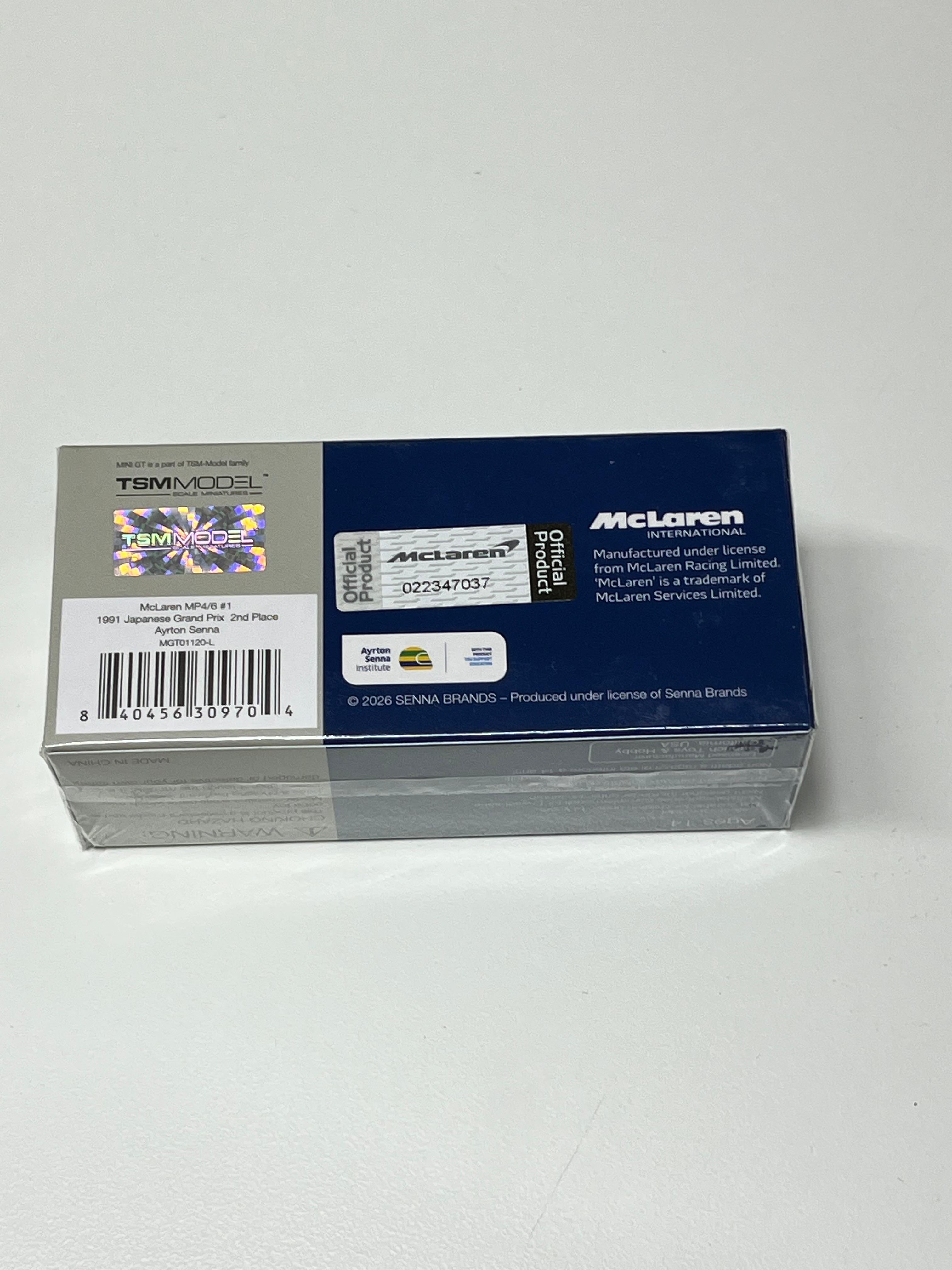 Mini GT #1120: McLaren MP4/6 #1 Ayrton Senna 1991 Japanese Grand Prix 2nd Place: Actual unit · Packaging 5
