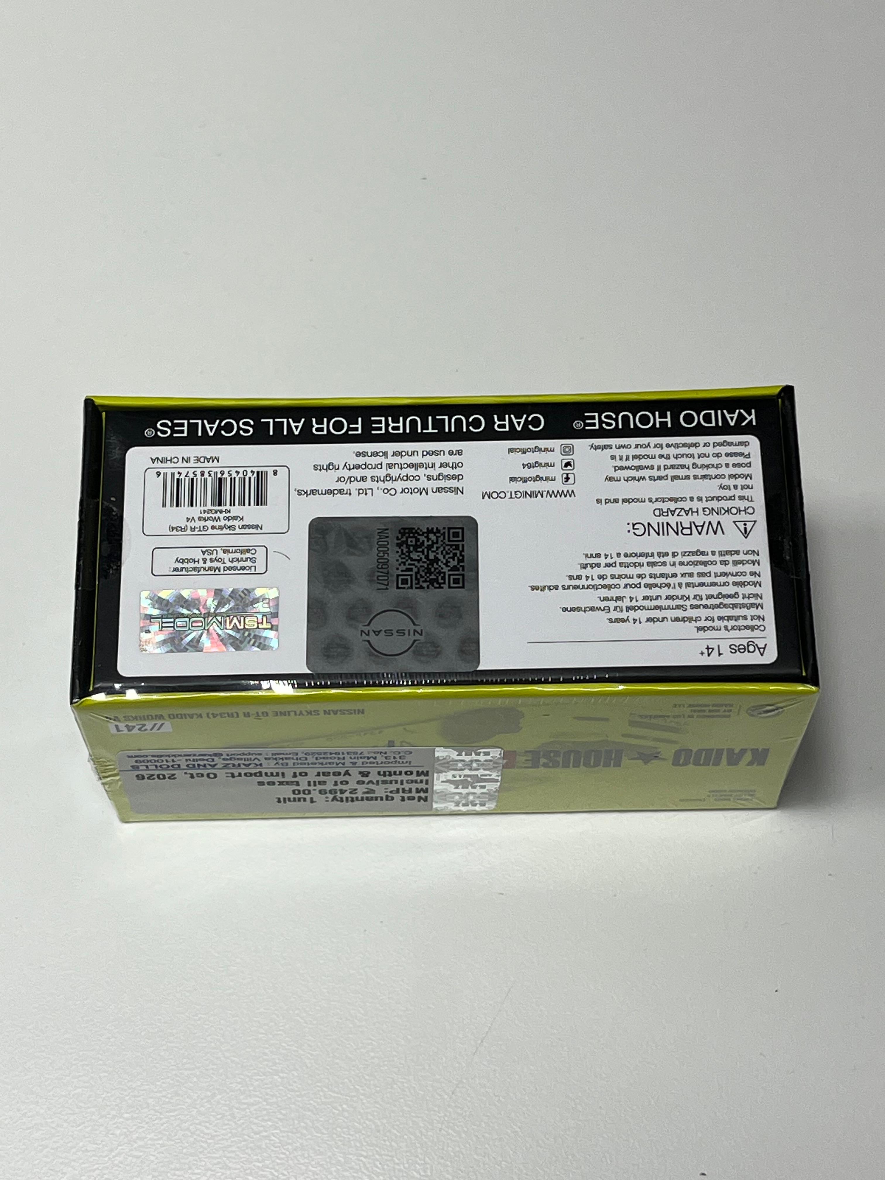 Mini GT Kaido House #241: Nissan Skyline GT-R (R34) Kaido Works V4: Actual unit · Packaging 4
