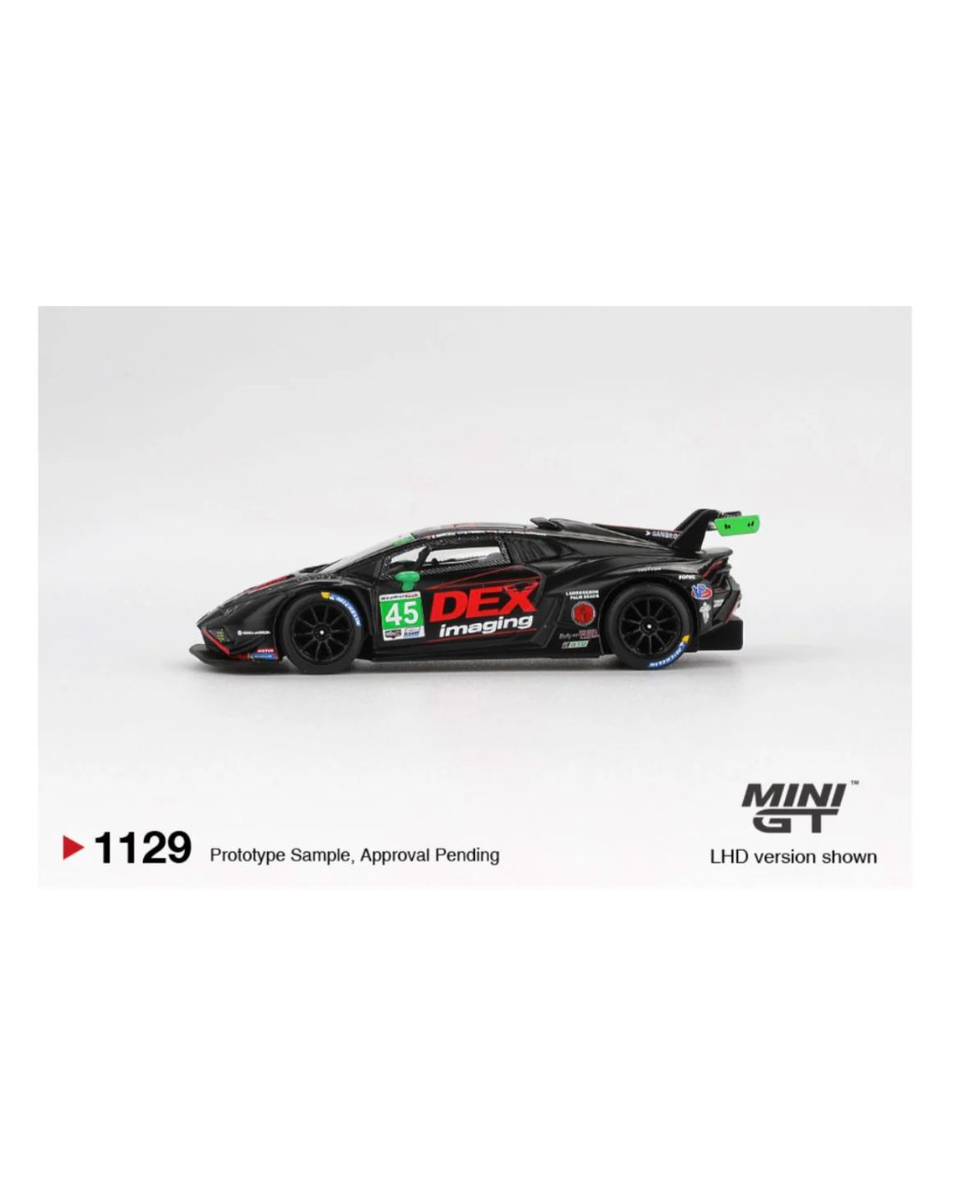 Mini GT Blister #1129: Lamborghini Huracán GT3 EVO2 #45 No. 45 DEX Imaging 2024 IMSA Daytona 24 Hrs: Actual unit · Bottom Corners 8