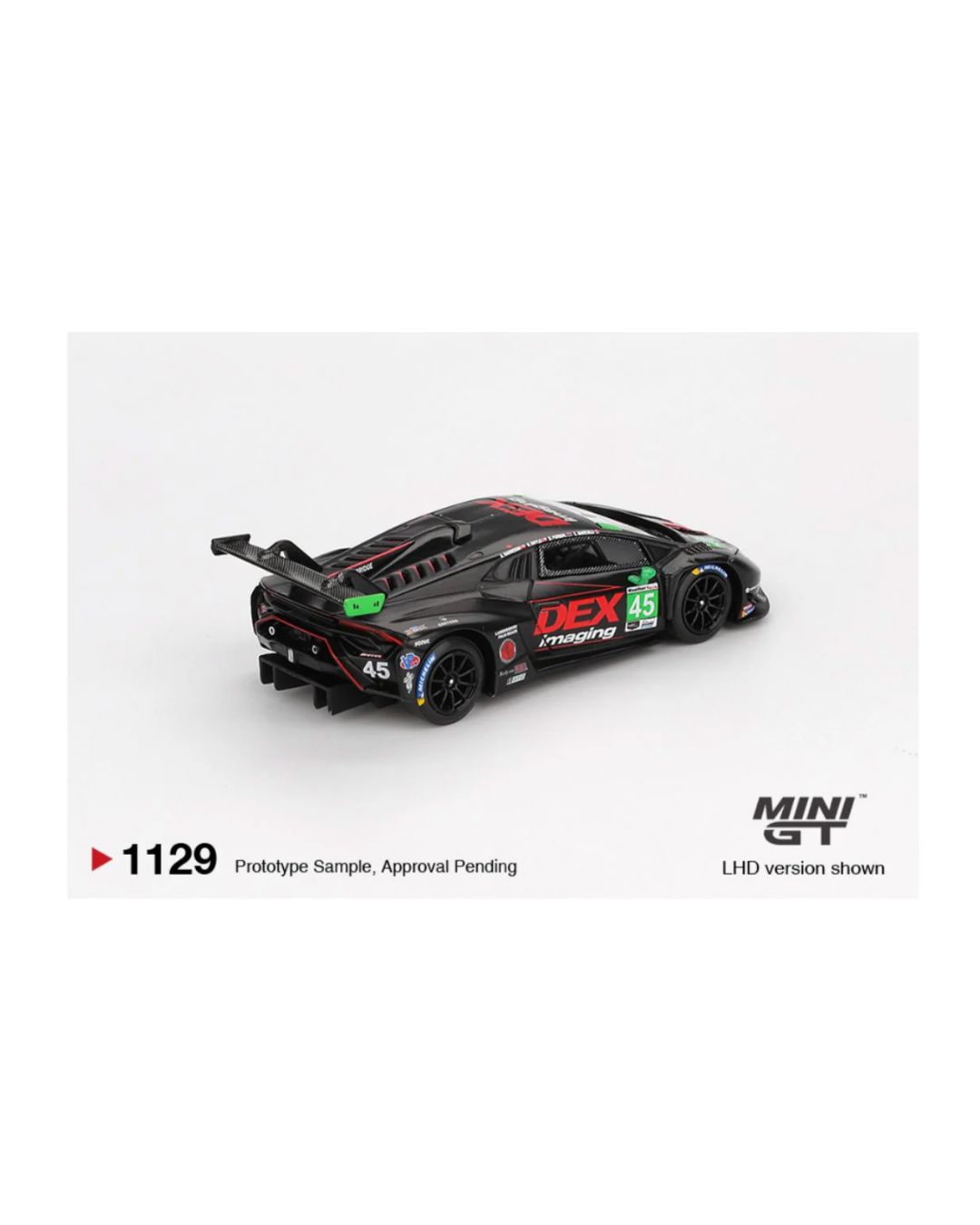 Mini GT Blister #1129: Lamborghini Huracán GT3 EVO2 #45 No. 45 DEX Imaging 2024 IMSA Daytona 24 Hrs: Actual unit · Front 5