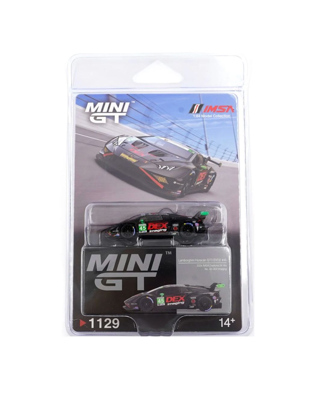 Mini GT Blister #1129: Lamborghini Huracán GT3 EVO2 #45 No. 45 DEX Imaging 2024 IMSA Daytona 24 Hrs: Actual unit · Top Corners 7