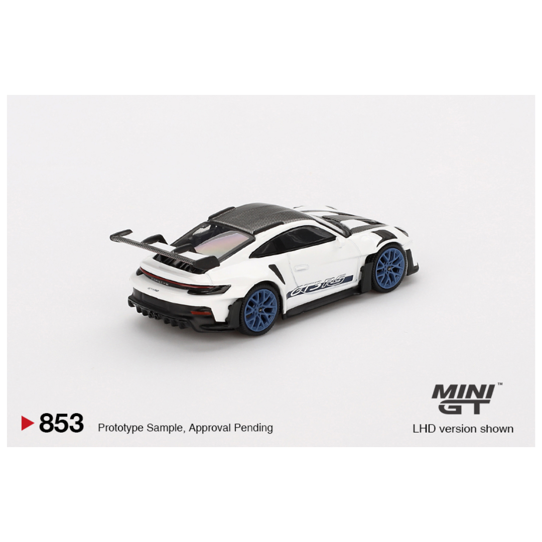 Mini GT #853: Porsche 911 (992) GT3 RS Weissach Package White With Indigo Blue: Catalogue Image 3