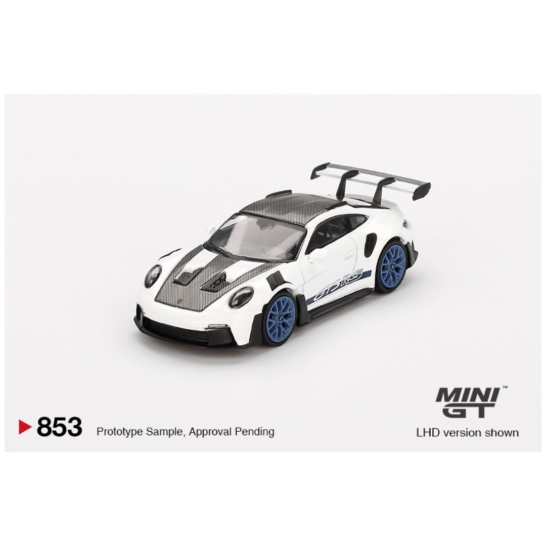 Mini GT #853: Porsche 911 (992) GT3 RS Weissach Package White With Indigo Blue: Catalogue Image 2
