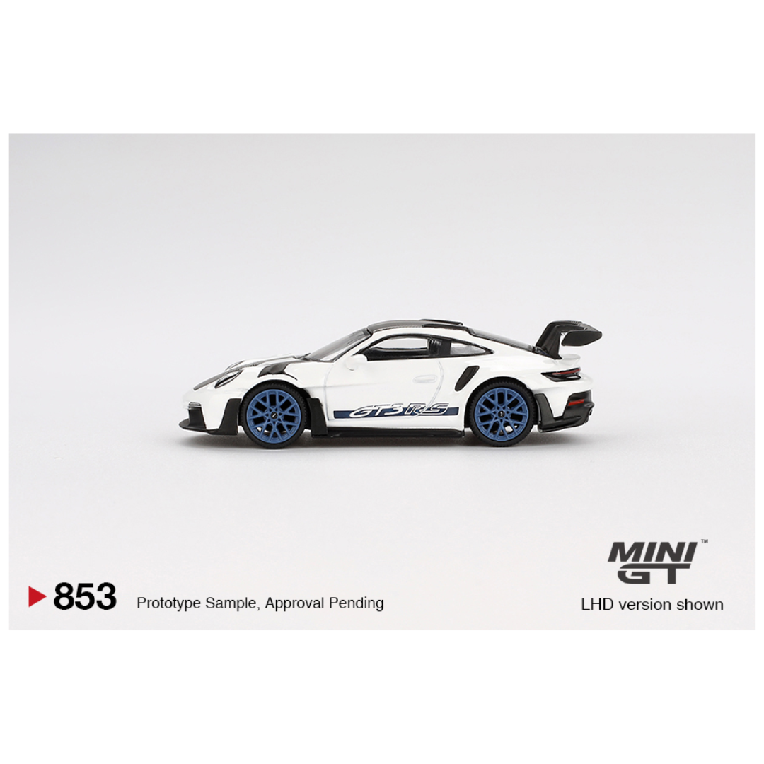 Mini GT #853: Porsche 911 (992) GT3 RS Weissach Package White With Indigo Blue: Catalogue Image 4
